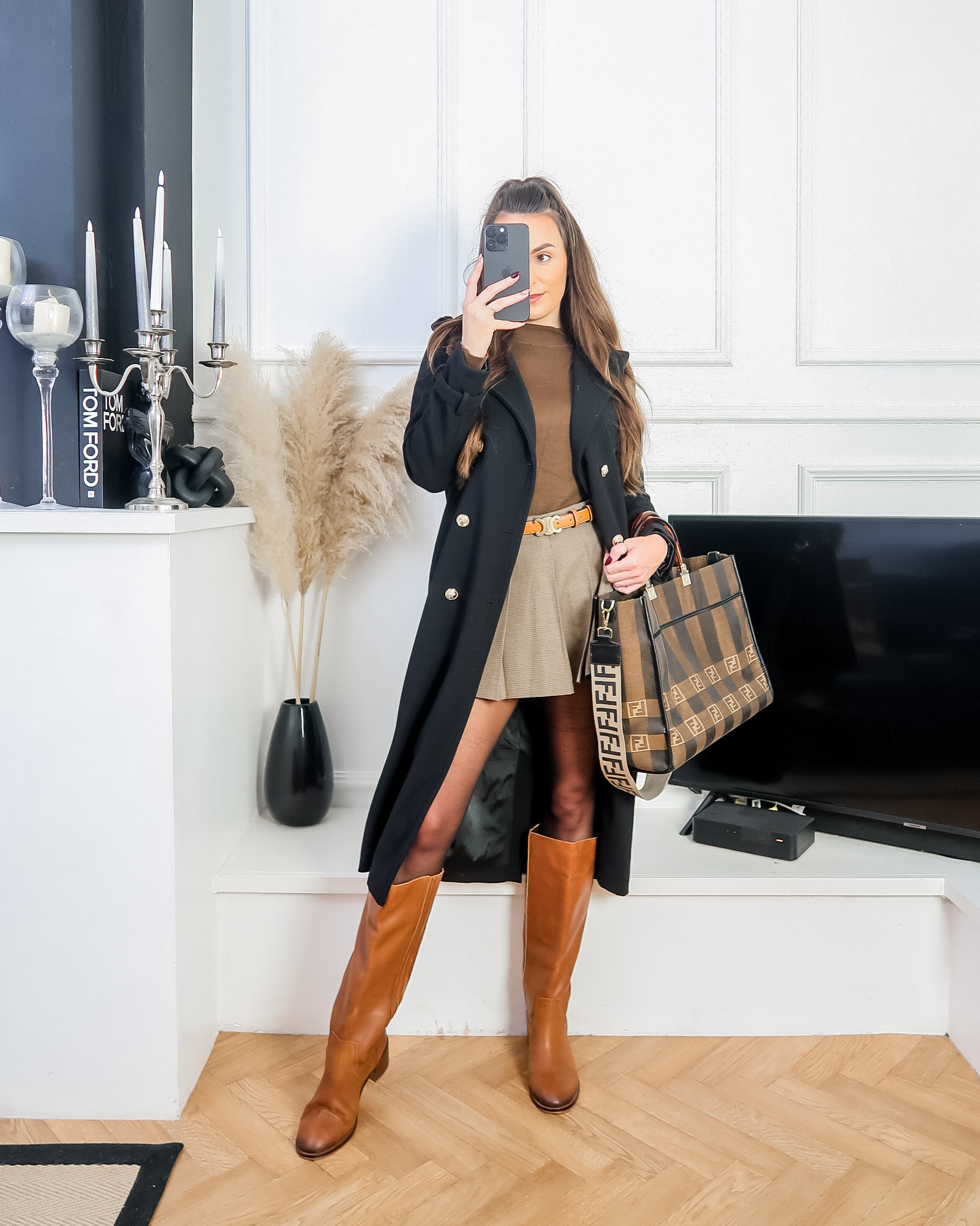 Autumn outfits, autumn fashion, brown and black outfits, brown outfit inspo, tonal outfit ideas, autumn outfit inspo, daily outfit inspo, workwear outfit inspo, everyday outfit ideas, tweed mini skirt, plaid mini skirt, tan boots, tan knee high boots, cognac boots, brown boots, brown polo neck, celine tan belt, black trench coat, black double breasted coat, fendi sunshine tote, fendi tote bag 

#LTKautumn #LTKuk #LTKeurope