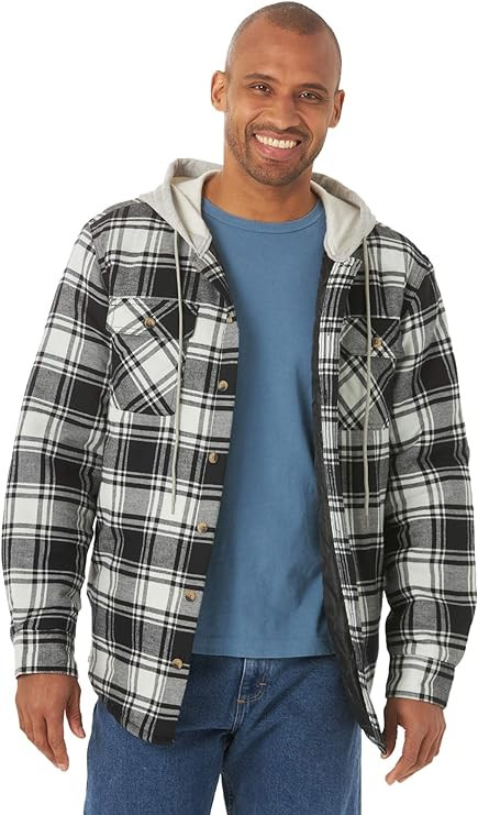 Wrangler Authentics Men's Long Sleeve Quilted Lined Flannel Shirt Jacket with Hood | Amazon (US)