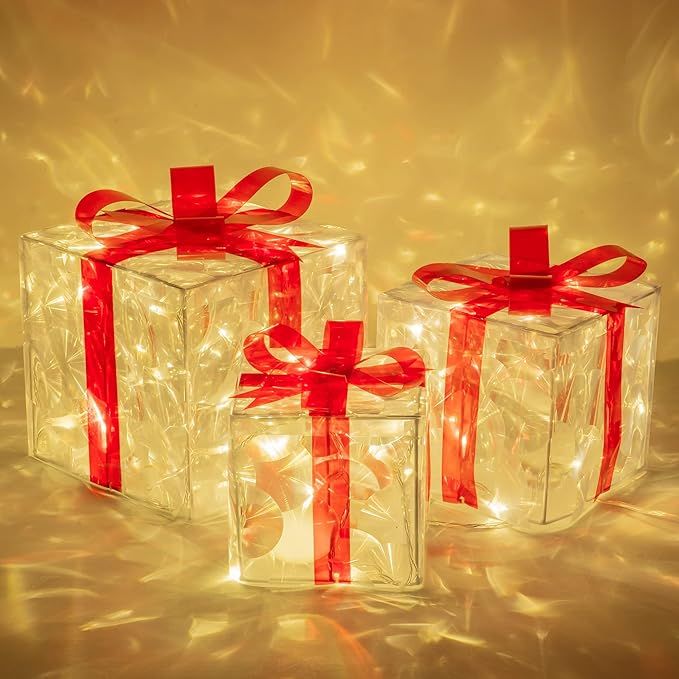 FUNPENY Set of 3 Christmas 60 LED Lighted Gift Boxes, Transparent Warm White Lighted Christmas Bo... | Amazon (US)