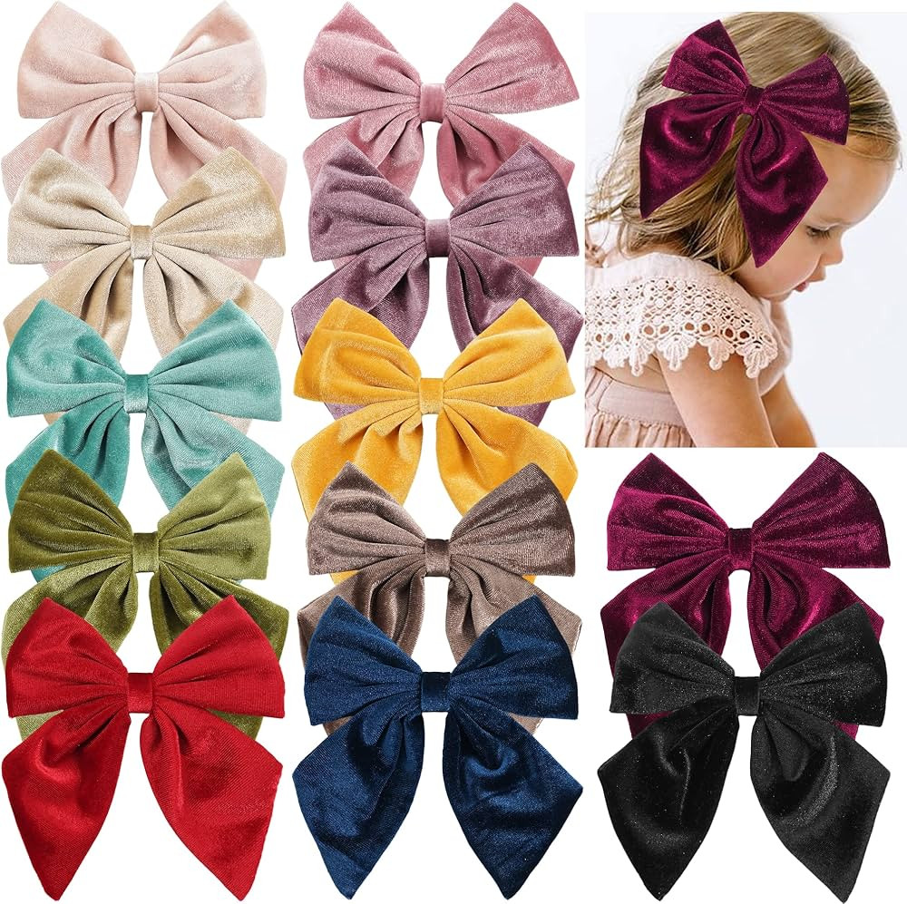 Qearl 12 PCS Large Velvet Hair Bow Fable Bow Clips for Toddlers Girls, Handmade Big Bows Hair Acc... | Amazon (US)