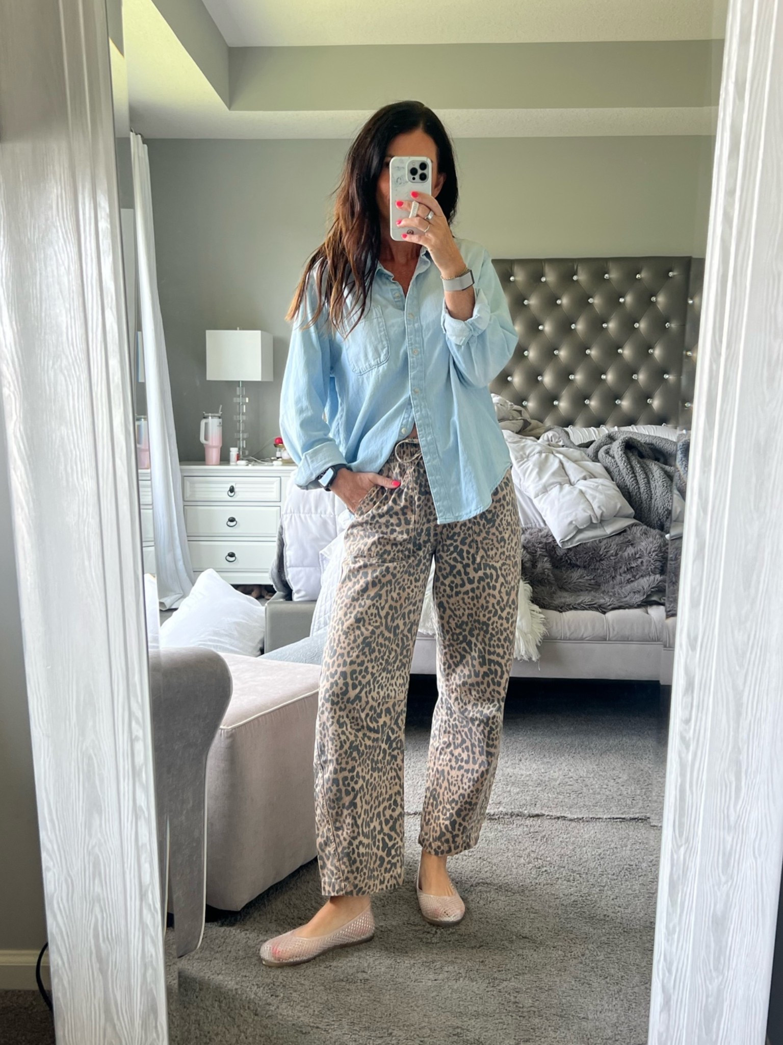 I love these barrel pants! The leopard print is such a fun way to spice up an outfit and they couldn’t be more comfortable. Drawstring waist, big pockets. True to size I’m in an XS. My jelly flats are from last year but also super comfortable.

#LTKootd #LTKSaleAlert #LTKOver40