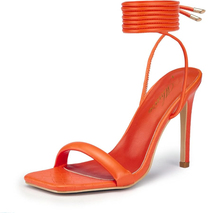 Women's Stiletto Lace up Heels Square Toe Strappy Heels Sandals Open Toe Party Wedding Shoes | Amazon (US)