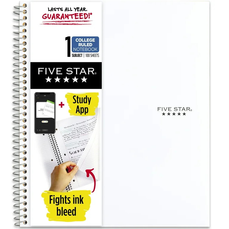 Five Star Wirebound Notebook Plus Study App, 1 Subject, College Ruled, White (820002AE2-WMT) - Wa... | Walmart (US)
