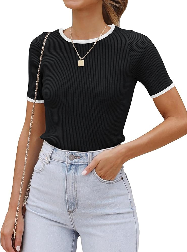 ZESICA Women's Short Sleeve Crewneck Ribbed Knit Slim Fit T Shirt 2024 Summer Basic Casual Color ... | Amazon (US)