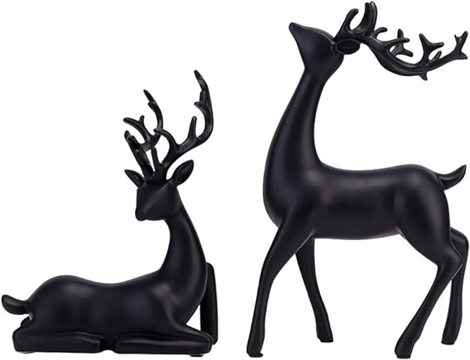 QCdeSoulBLV Deer Ornaments 2PCS Resin Sitting and Standing Deer Statues Black Modern Christmas Re... | Amazon (US)