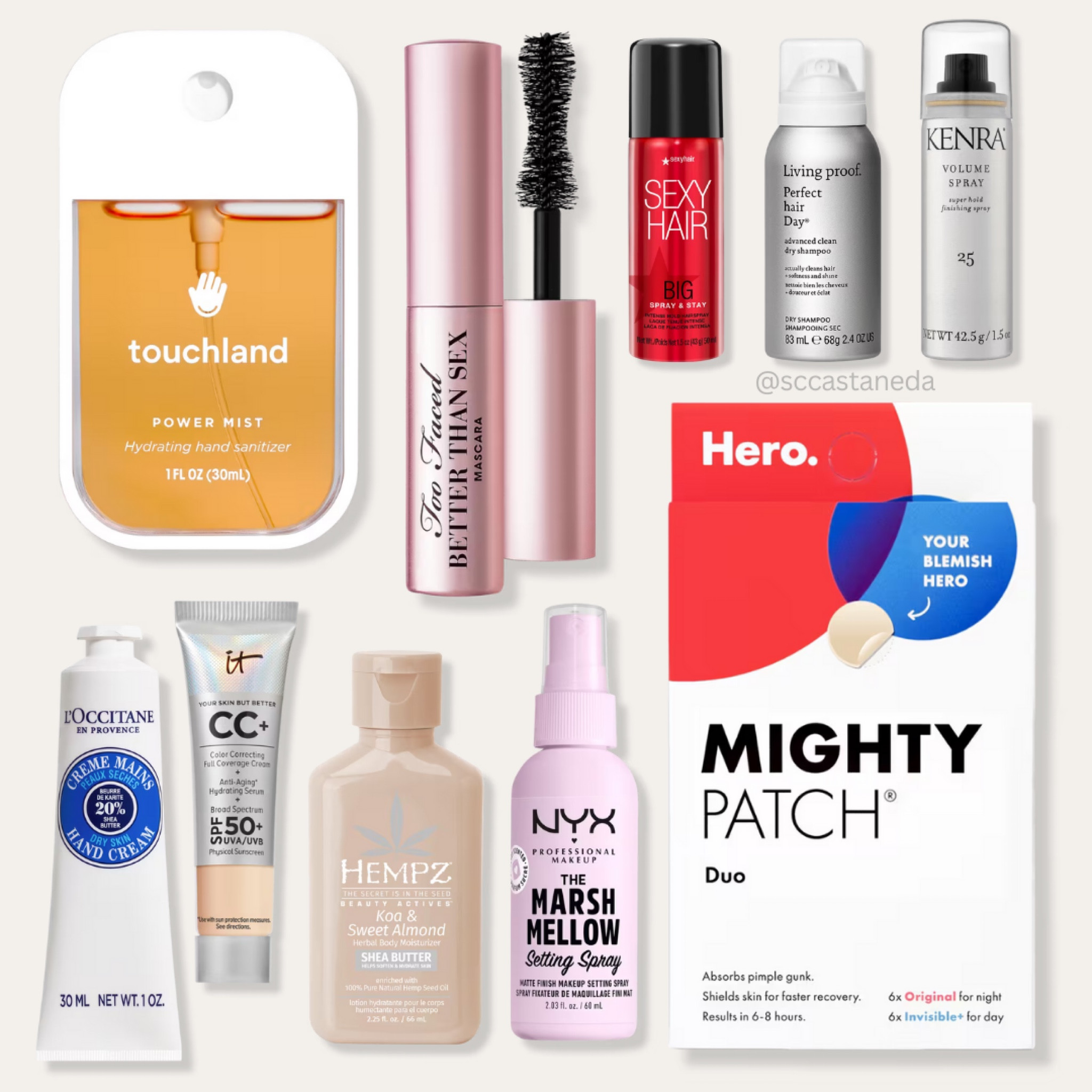 PURSE ESSENTIALS:
Hand Sanitizer 
Hand Lotion 
Pimple Patches
Setting Spray
Mascara 
Hairspray 
Dry Shampoo 

#ultabeauty #beauty #makeup 

#LTKHoliday #LTKGiftGuide #LTKBeauty
