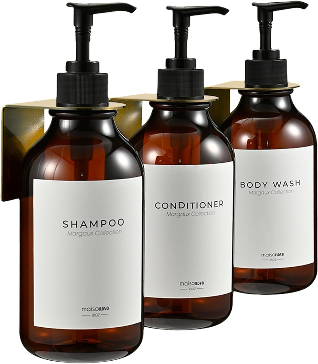 MaisoNovo Shampoo and Conditioner Dispenser | 3 Plastic Amber 3 Wall Mount Gold | Shampoo Dispens... | Amazon (US)