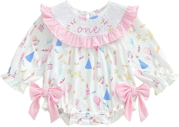 Pudcoco Baby Girls First Birthday Outfit 1st Birthday Romper Coquette Bow Bubble Smocked One Embr... | Amazon (US)