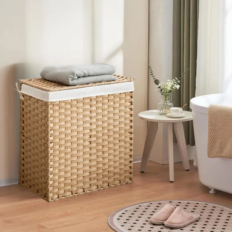 Handwoven Wicker Laundry Hamper with Lid,2 Section Wicker Laundry Basket for Dirty Clothes,with W... | Wayfair North America