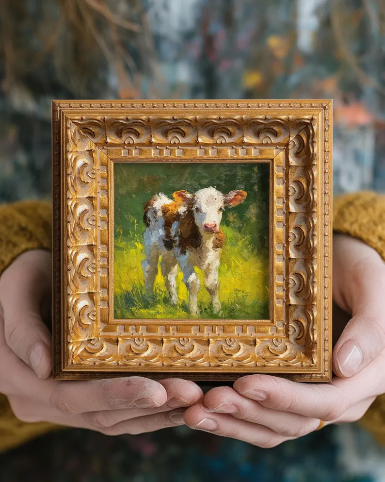 Hand Panted Calf Oil Painting, Small Original Art, Rustic Wall Art Decor, 5X5 Gold Framed Artwork... | Etsy (Global)