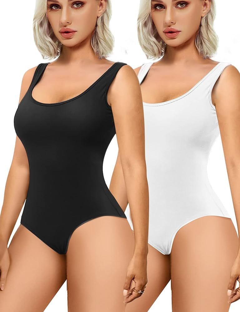 TELALEO 2 Pieces Combed Cotton Bodysuits for Women Scoop Neck Sleeveless Body Suit clothing Tank Top | Amazon (US)