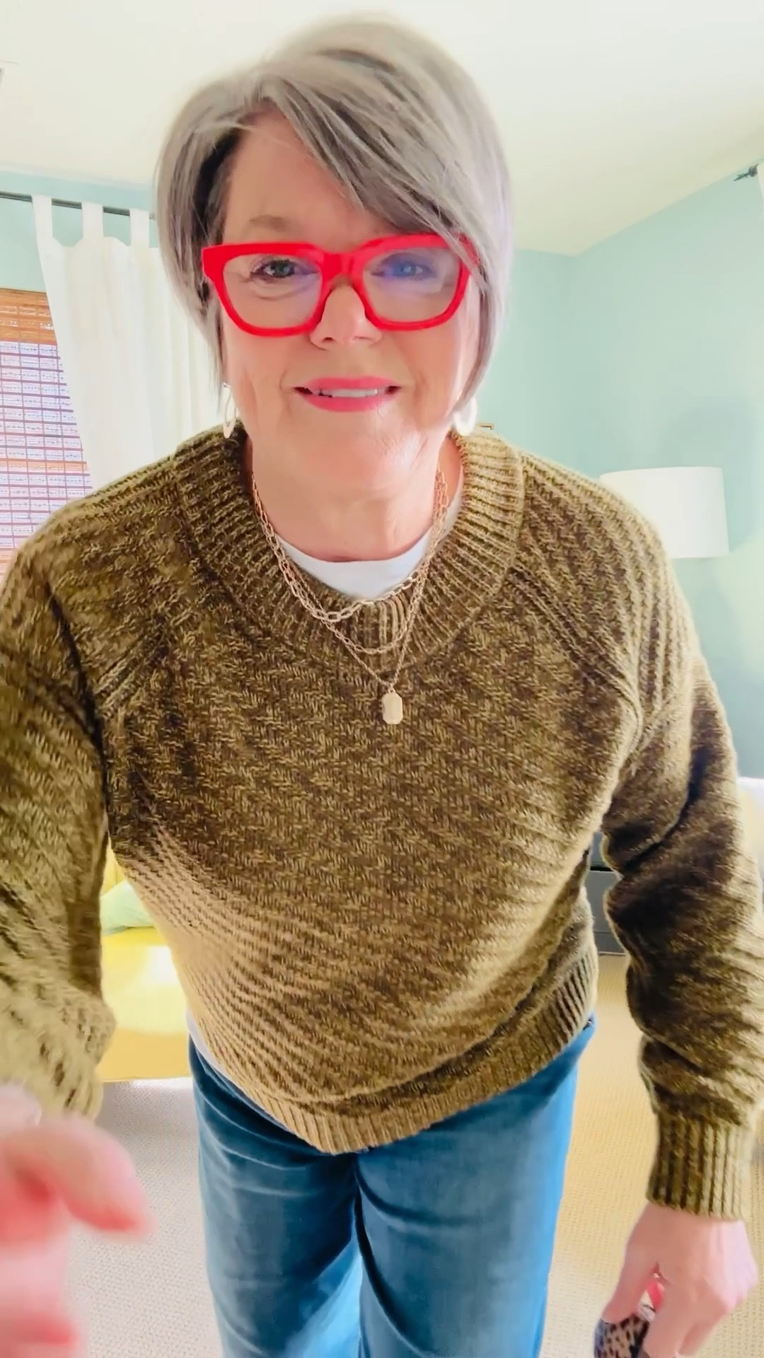Just wanted to share my winter outfit for women over 50 casual easy to wear.! A nubby textured sweater with a white T-shirt underneath. Tip- if your t-shirt neckline is too low wear it backwards so the top peaks out above sweater neckline! Wide leg jeans, some cute cheetah shoes and a little “frosting” stacked gold necklaces and some gold earrings! 
#midsize #winteroutfit #cozysweater #cheetahshoes

#LTKgrwm #LTKOver40 #LTKMidsize