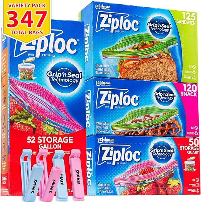 Ziploc-Bags, Variety Pack, (347 Bags Total)  New Stay Open Design - 52 Storage Gallon Bags - 50 S... | Amazon (US)