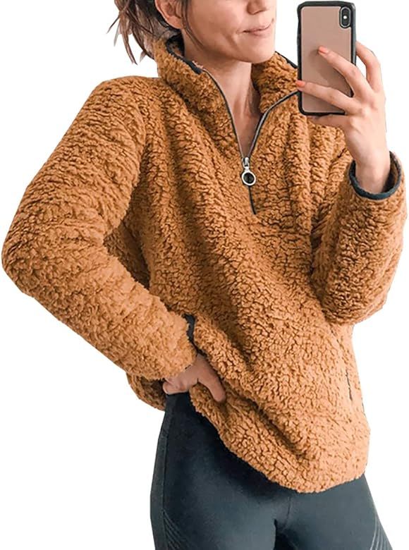Womens Fleece Sherpa Fuzzy Zipper Long Sleeve Loose Pullover Fashion Contrast Color-Block Pockets... | Amazon (US)