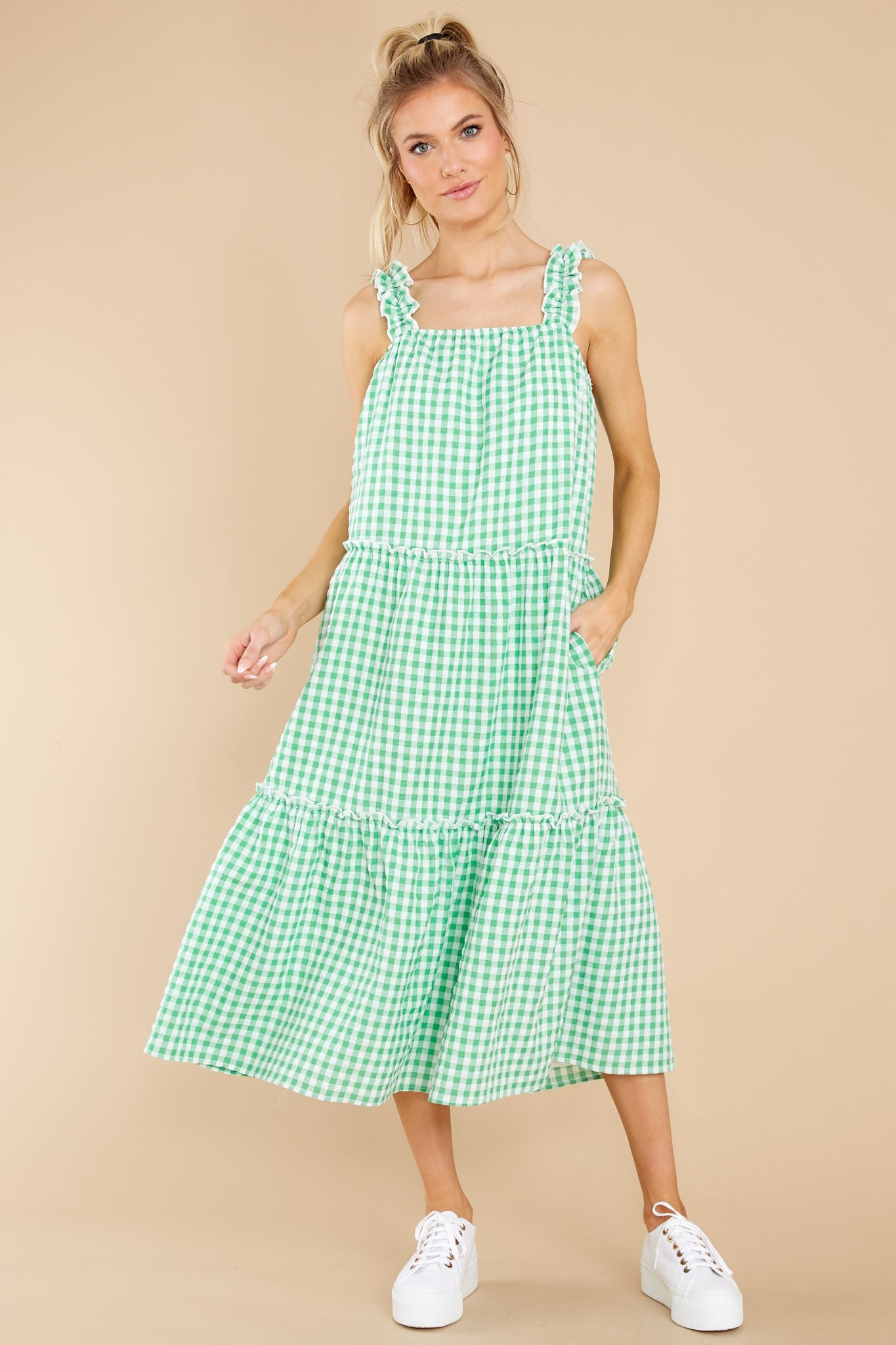 Twirl About Green Gingham Midi Dress | Red Dress 