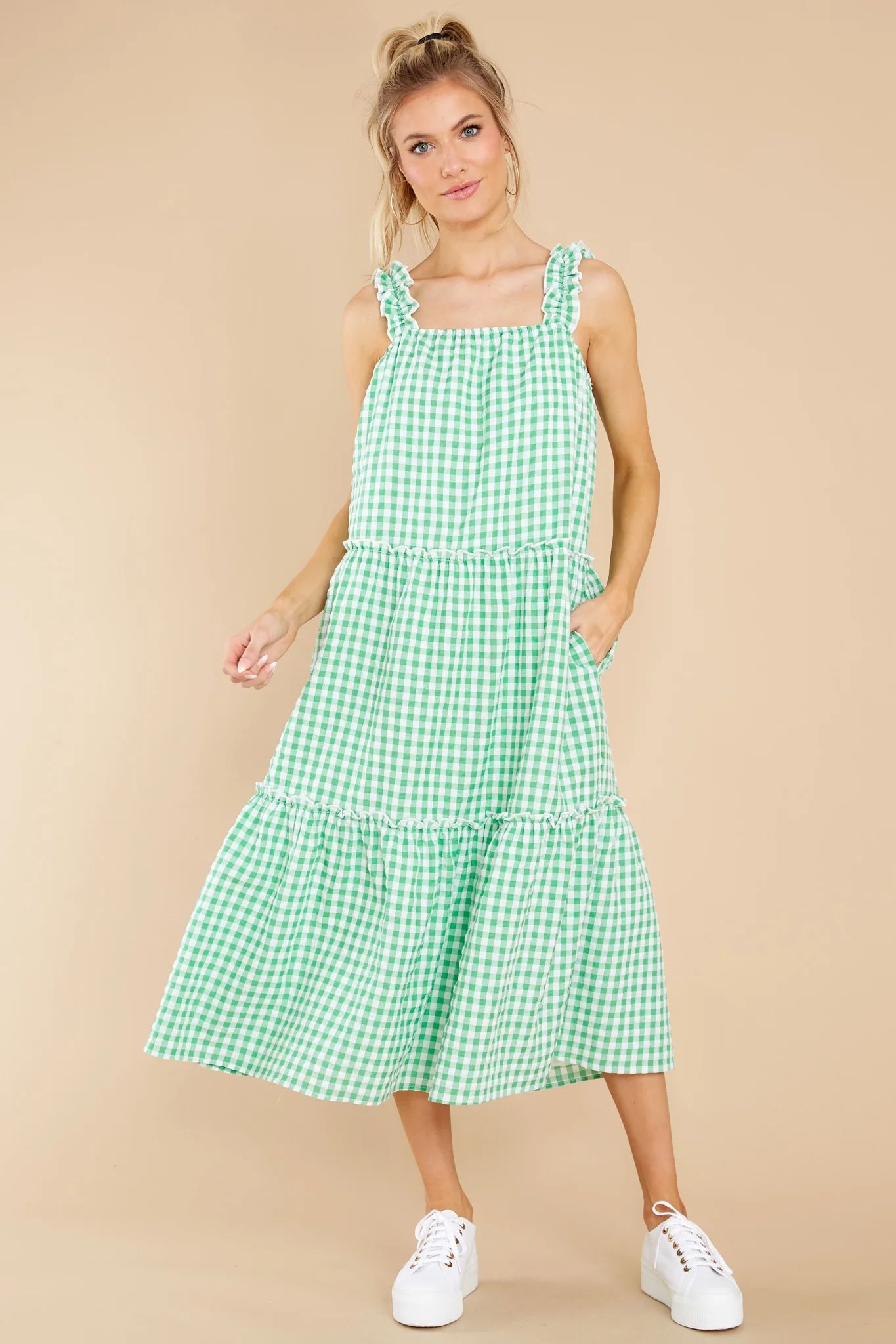 Twirl About Green Gingham Midi Dress | Red Dress 