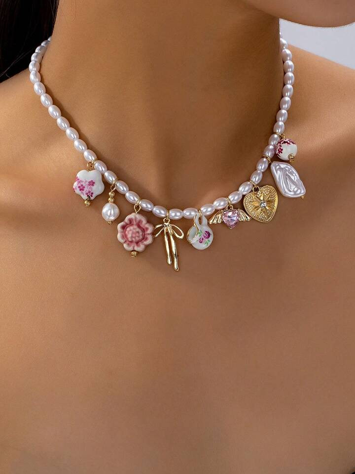 1pc Ceramic Flower Tea Cup & Bow Heart Pendant Necklace For Women, Faux Pearl Beaded Charm Necklace, Charm Jewelry, Lucky Charm Necklace (Handmade Ceramic With Random Color & Pattern) | SHEIN