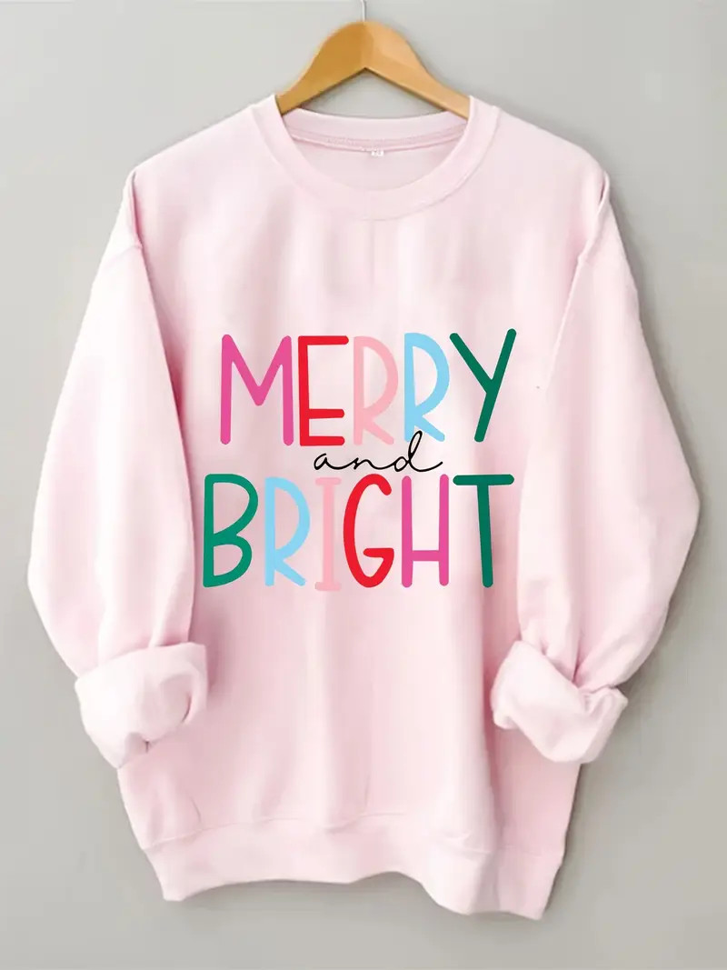 Merry & Bright Print Crew Neck Sweatshirt, Casual Long Sleeve Drop Shoulder Sweatshirt, Women's C... | Temu Affiliate Program