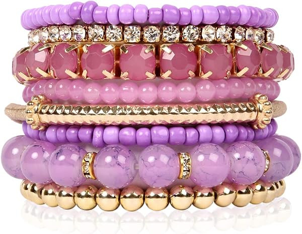 RIAH FASHION Multi Color Stretch Beaded Stackable Bracelets - Layering Bead Strand Statement Wrap... | Amazon (US)