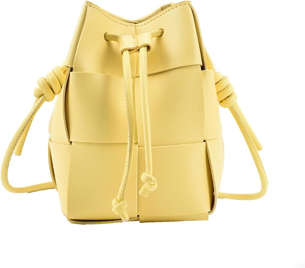 Women's Woven Bucket Bag Crossbody Handbag PU Square Lattice Drawstring Leather Small Shoulder Ba... | Amazon (US)