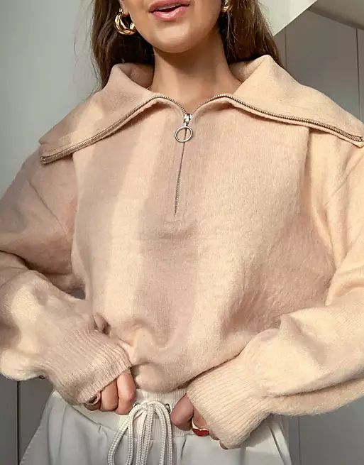 ASOS DESIGN sweater with zip through neck in fluffy yarn in camel | ASOS | ASOS (Global)