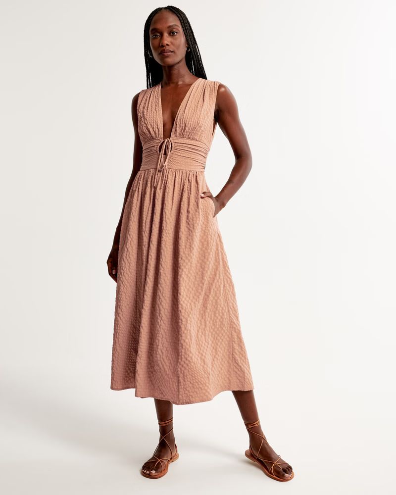 Seersucker Ruched Midi Dress | Abercrombie & Fitch (US)