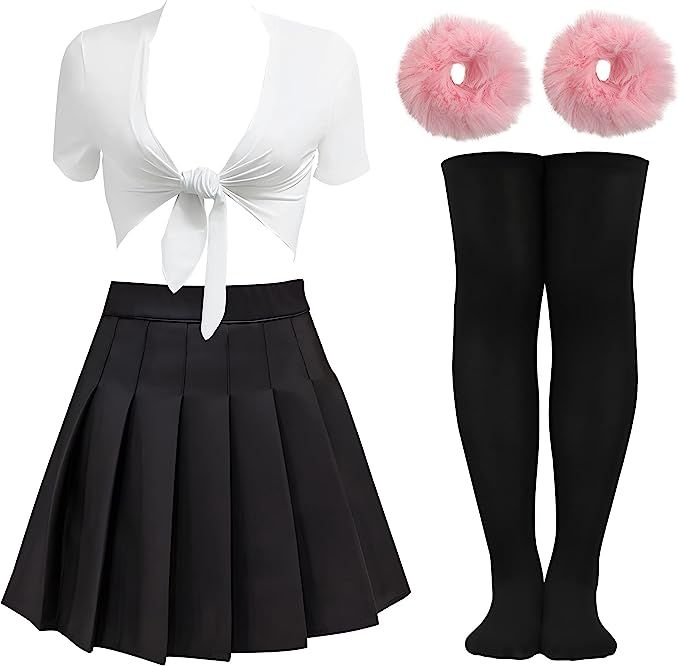 Halloween Women Costume Set Schoolgirl Pink Furry Hair Scrunchies Pleated Skater Skirt Tie up Shi... | Amazon (US)