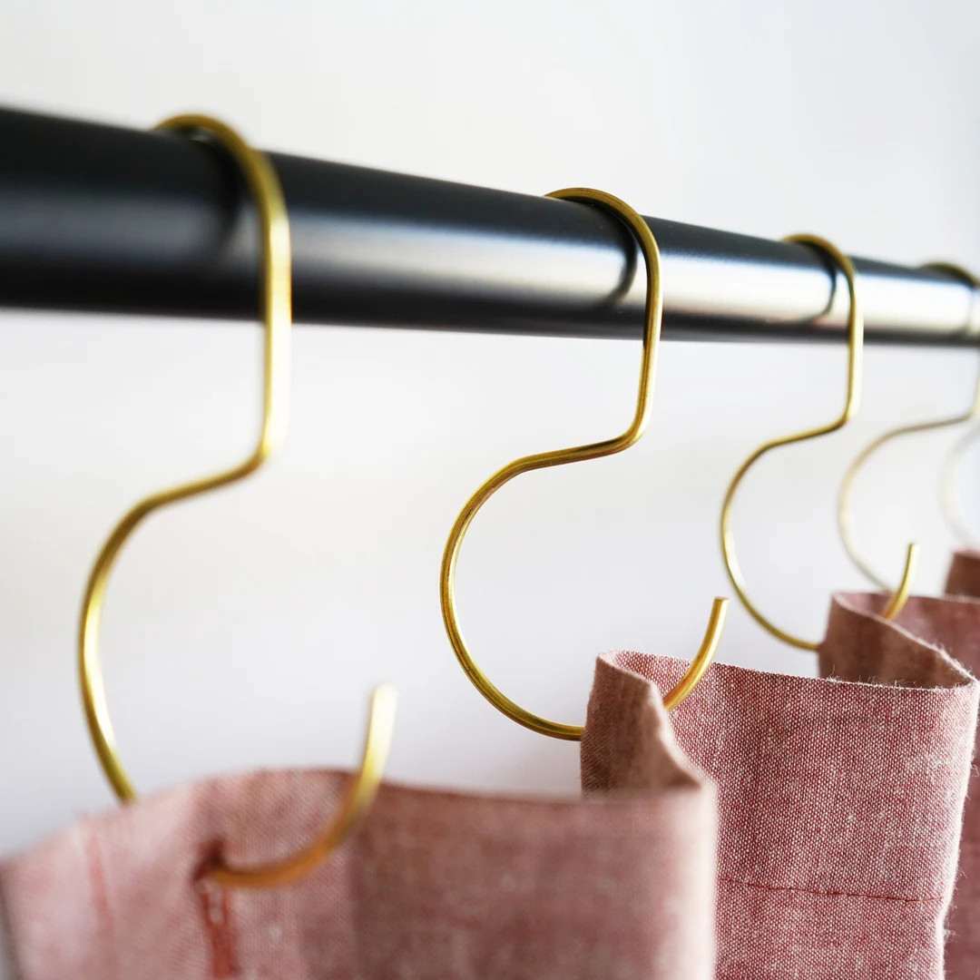 Brass Minimalistic Shower Curtain Hooks - 12pk, Stainless Steel, Black Metal, S Hook, Curtain Rin... | Etsy (US)