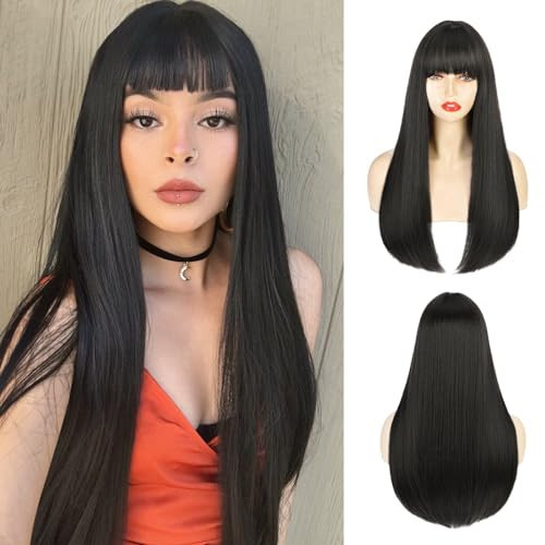 ENTRANCED STYLES Black Wig for Women Long Straight Black Wigs with Bangs Black Hair Wigs Heat Resistant Synthetic Womens Wig for Daily Party Christmas Halloween Use 22 Inch （1B | Amazon (US)