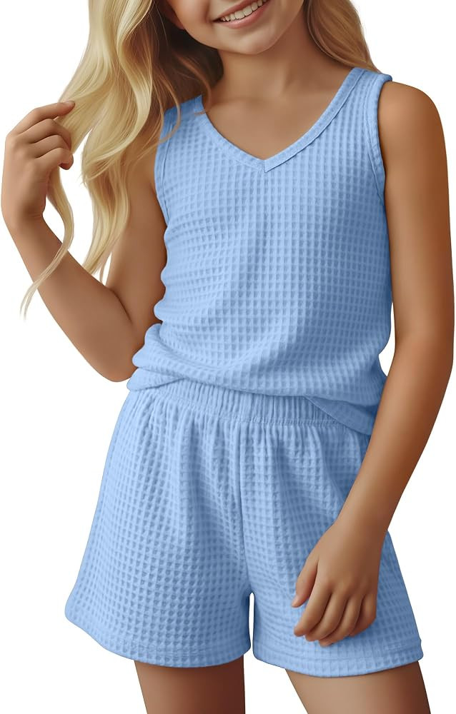 Girls' 2 Piece Summer Outfits Waffle Knit Sets V Neck Sleeveless Tank Tops Casual Shorts Teen Kid... | Amazon (US)
