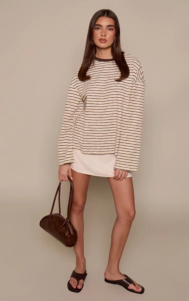 Light Brown Soft Rib Striped Detail  Oversized Long Sleeve Top | PrettyLittleThing UK
