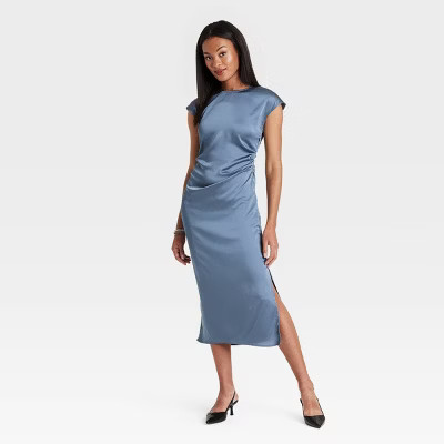 Women's Short Sleeve Ruched Midi Shift Dress - A New Day™ Blue S | Target
