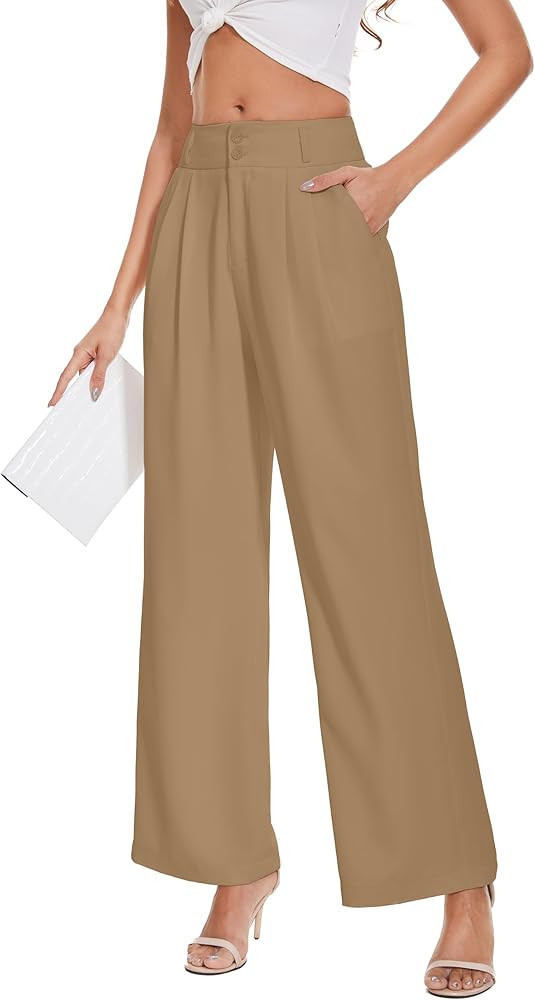 Summer Women High Waist Wide Leg Dress Pants Pleated Front Wide Waistband Elastic Work Casual Lon... | Amazon (US)