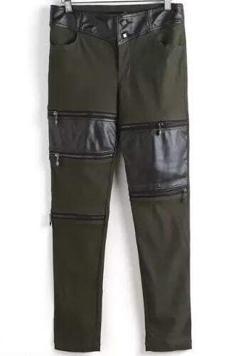 Army Green Contrast PU Leather Bead Pant | ROMWE