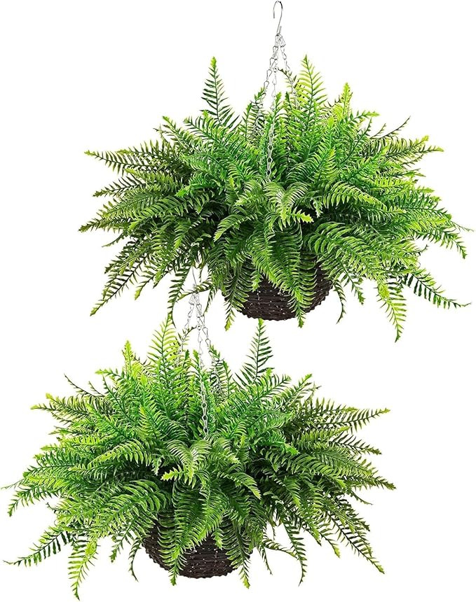QIANYUN Fake Fern Outdoor Artificial Plants-2-Pack Artificial Outdoor Hanging Fern Faux Greenery ... | Amazon (US)