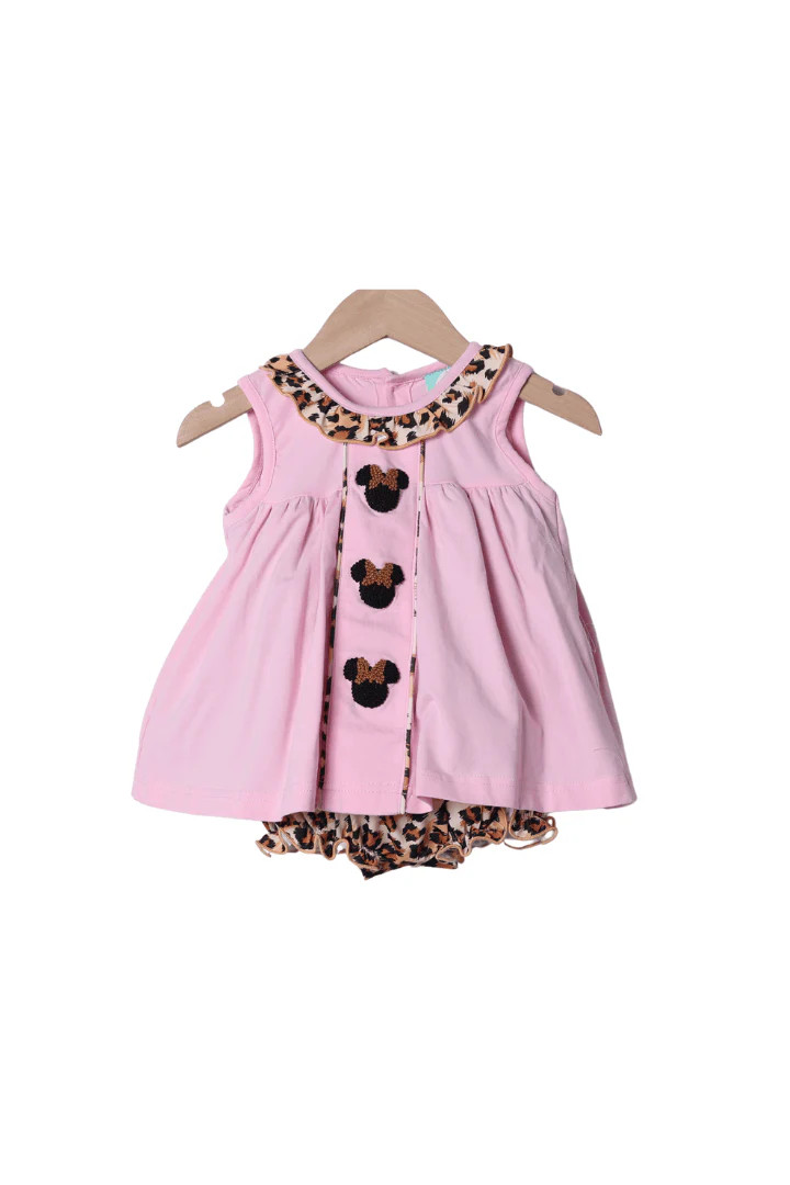 French Knot Mouse Pink Leopard Skirted Bubble | The Smocked Flamingo
