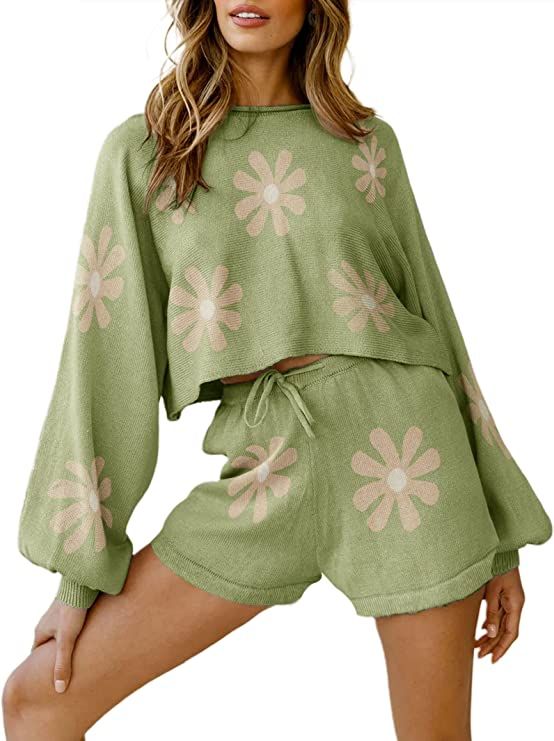 Ekouaer Knit Pajamas Set for Women Lounge Sets Long Puff Sleeve Top and Shorts 2 Piece Outfits Sw... | Amazon (US)