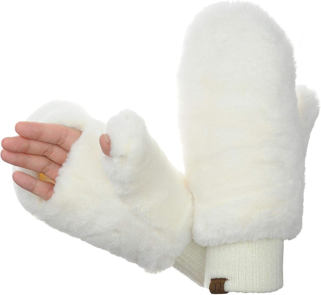 C.C Women's Faux Fur Wrist Length Fingerless Sherpa Lined Convertible Mittens Gloves | Amazon (US)