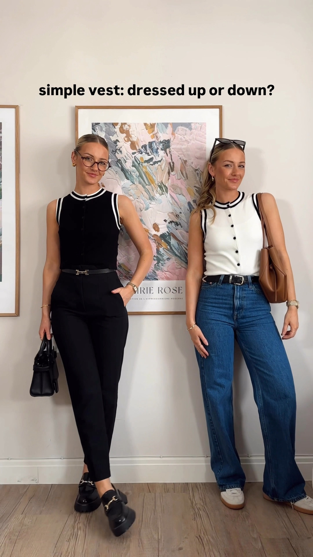 sizing below 👇🏼 
contrast vest: both size xs
black trousers: size xs
blue jeans: size 6
beige bag is from Polene 

#LTKuk #LTKeurope #LTKspring