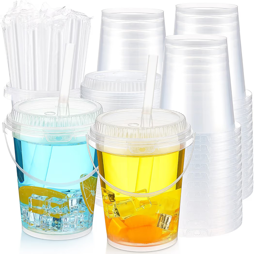 50 Set Clear Buckets for Drinks 34 oz Ice Cream Plastic Cups with Lids & Straws Disposable Cockta... | Amazon (US)