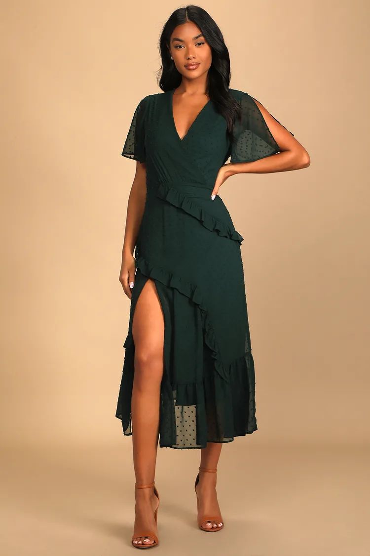 Next to You Emerald Green Swiss Dot Ruffled Midi Dress | Lulus
