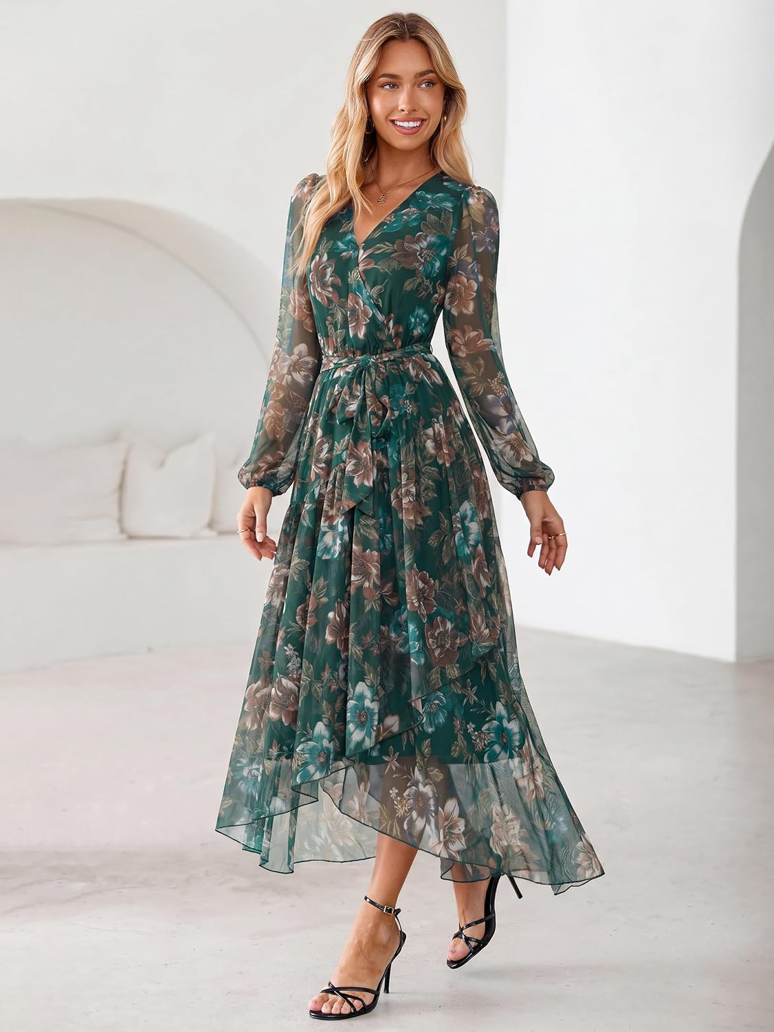 Simplee Women's Floral Long Sleeve Mesh Wedding Guest Maxi Dress | Amazon (US)