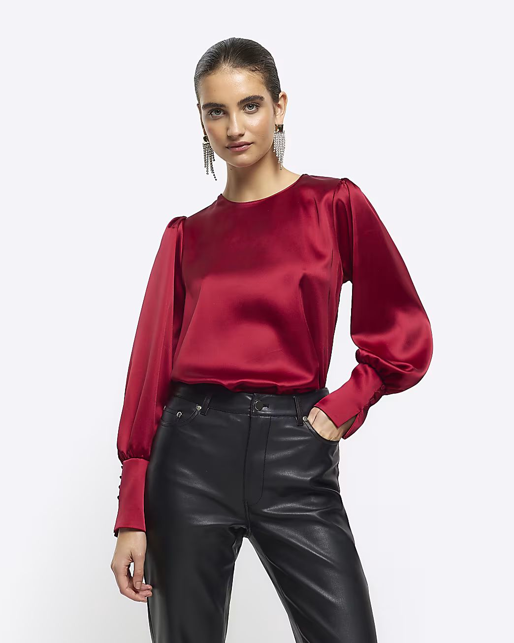 Red satin long sleeve blouse | River Island (UK & IE)