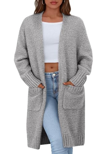 PRETTYGARDEN Fall Long Sleeve Cardigan Sweaters for Women 2026 Trendy Winter Open Front Loose Knitted Cardigans with Pockets (Light Grey,Medium) | Amazon (US)