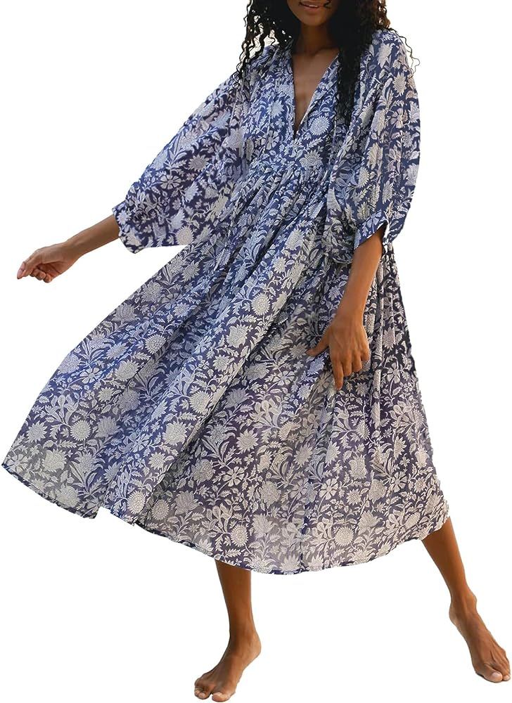 Casual Summer Dresses for Women Swing Floral Half Open Collar Boho Puff Sleeve Loose Midi Beach D... | Amazon (US)