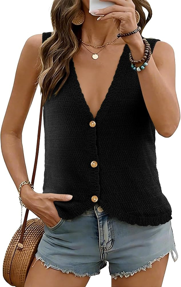 Crochet Vest Tops for Women Sleeveless V Neck Sweater Vest Knit Button Down Tank Top Summer Beach... | Amazon (US)
