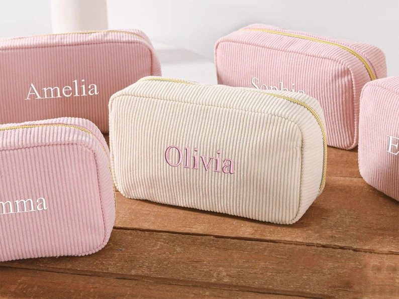 Embroidered Corduroy Makeup Bag,personalized Embroidered Cosmetic Bag,monogram Toiletry Makeup Ba... | Etsy (US)