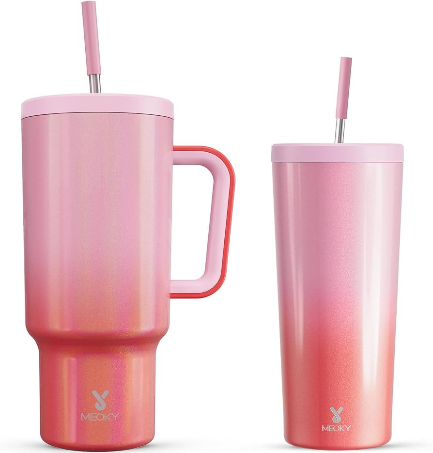 Meoky 40oz Tumbler with Handle and Straw, 24 oz Insulated Tumbler with Lid and Straw (Flamingo) | Amazon (US)