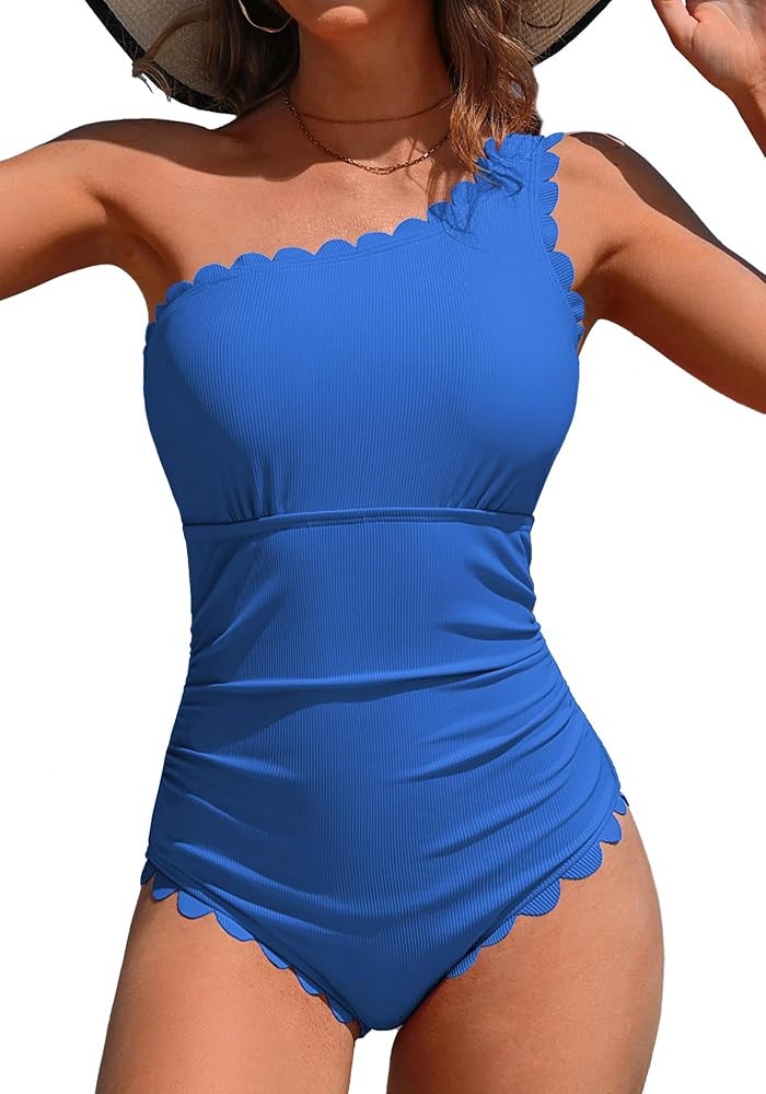 Charmo One Shoulder One Piece Swimsuit Women Ribbed Scalloped Bathing Suit Cutout Slimming Full C... | Amazon (US)