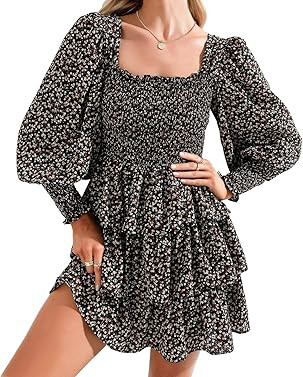 Amazon.com: Byinns Womens Square Neck Tiered Ruffle Dress Floral Print Long Lantern Sleeve Tie Ba... | Amazon (US)